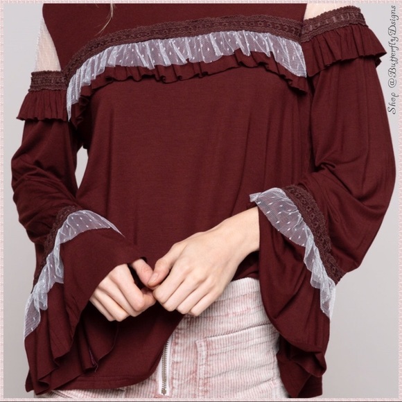 POL Tops - POL Victorian Edge Mesh Bell Sleeve Top